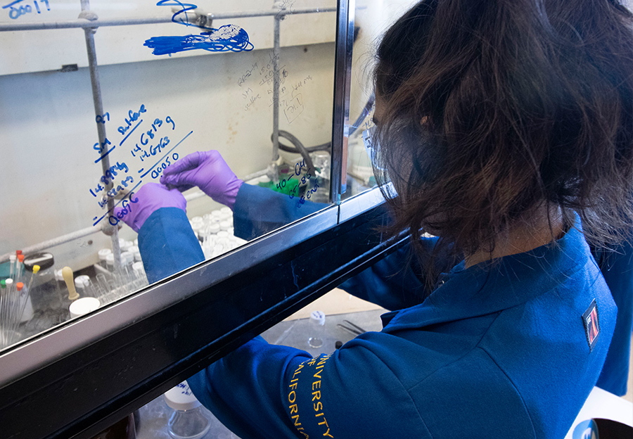 Grad student Rebecca Ray at work in the Burkart Lab at UC San  Diego. Photo by Michelle Fredricks, UC San Diego Physical Sciences