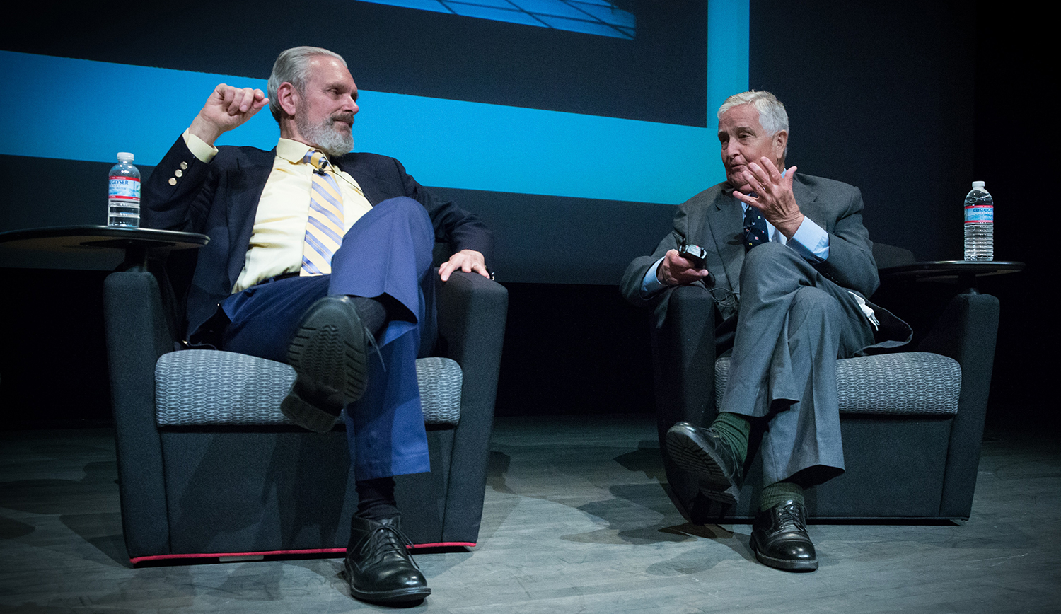 At the Clarke Center’s 2014 screening of “2001: A Space Odyssey,” actor Keir Dullea (left) and the film’s science advisor Fred Ordway III (right) discuss their roles in the film. Photo courtesy of the Clarke Center.