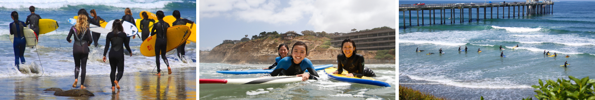 A series of three images: Wetsuit-clad people carrying surfboards into the water; three people floating on surfboards; a number of people float on surfboards with the Ellen Browning Scripps Memorial Pier in the background.