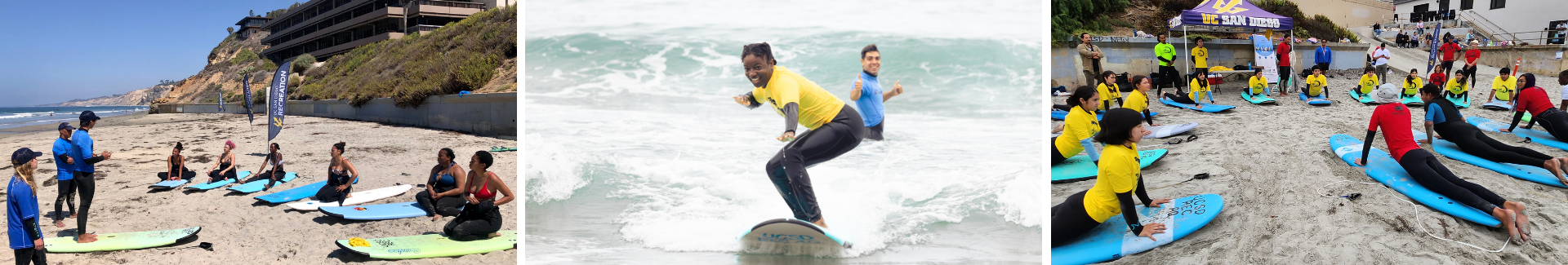 A series of three photos: A semi-circle of people sitting on surfboards on the beach with two standing people; A person standing on a surfboard riding a small wave; a semi-circle of people learning to stand up on surboards.