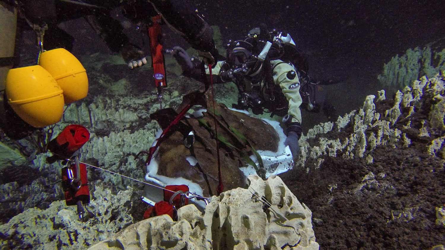 divers lift pelvis from the cave floor