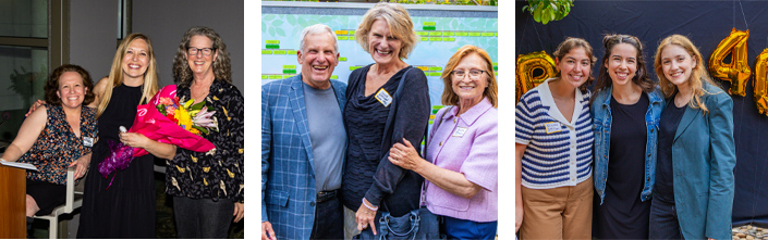 collage of three photos. Each has three people grouped together smiling at the camera