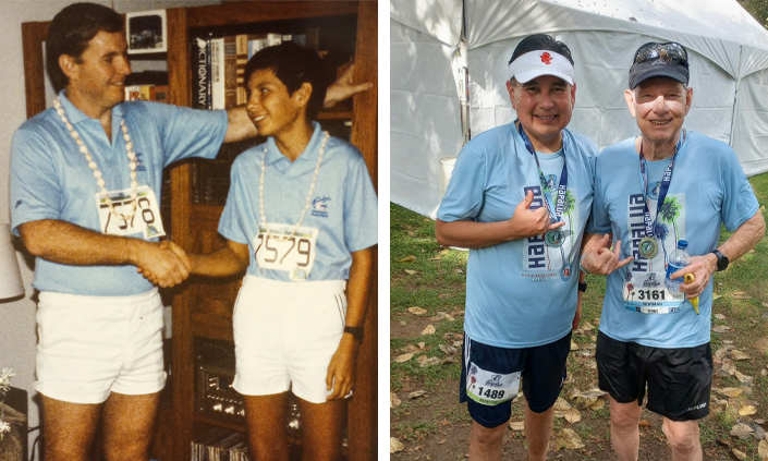 Photo collage of two photos of a teenager and his dad on the left and a current photo of the man and his father today.
