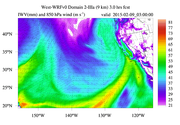 Image from a 15-hour forecast of IWV (Integrated Water Vapor)