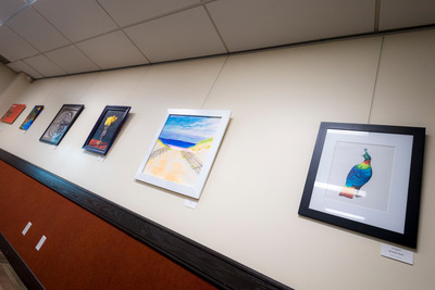 Art hanging on the walls in Price Center.