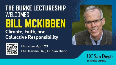 Bill McKibben's face on a branded promotion with the words, The Burke Lectureship Welcomes Bill McKibben, Climate, Faith, and Collective Responsibility
