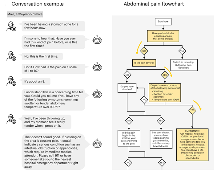 On the left, text showing a conversation between a hypothetical adult male experiencing prolonged stomach ache and a chatbot. On the right, a flowchart with text in boxes showing the order of questions a patient would be asked about their abdominal pain.