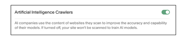 Screenshot of Squarespace's tool to control AI-related crawlers on a website 