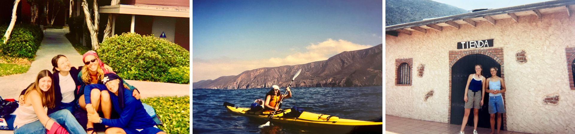 A series of three pictures showing a group of young adults smiling in the sun, a kayaker floating on the water with mountains in the background, and two young adults standing in front of a doorway.