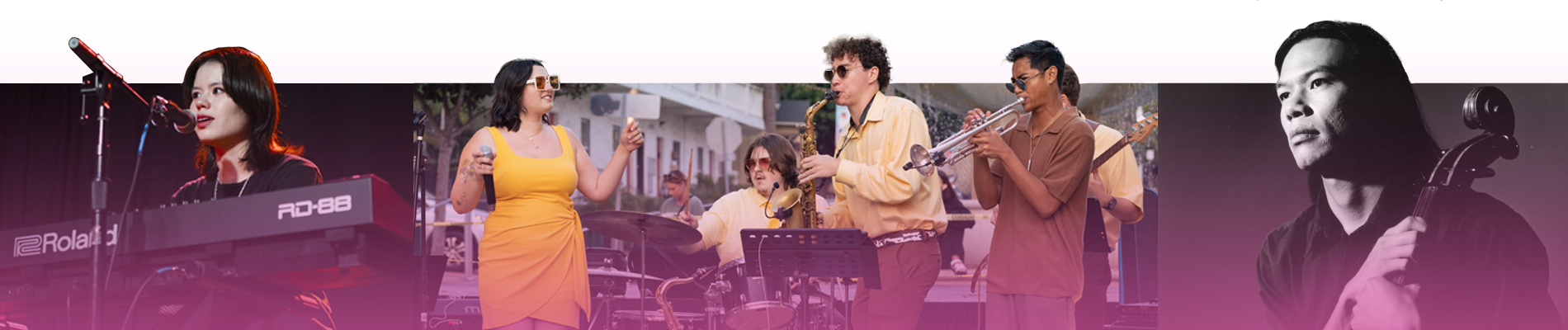 Collage of three images of performers, including keyboardist, jazz band and bassist.