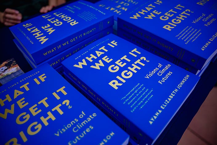 A stack of royal blue paperback books titled 