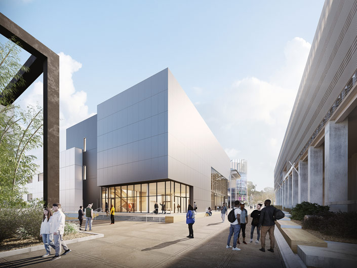 rendering of a large, rectangular multistory building with a glass entrance lobby