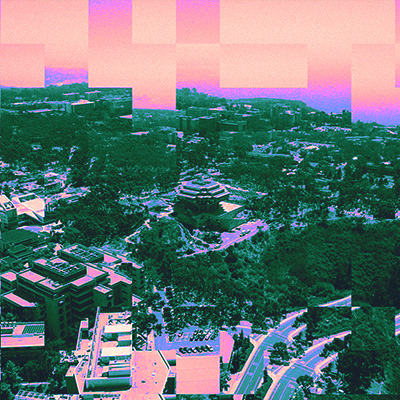 Stylized and pixelated aerial image of campus.