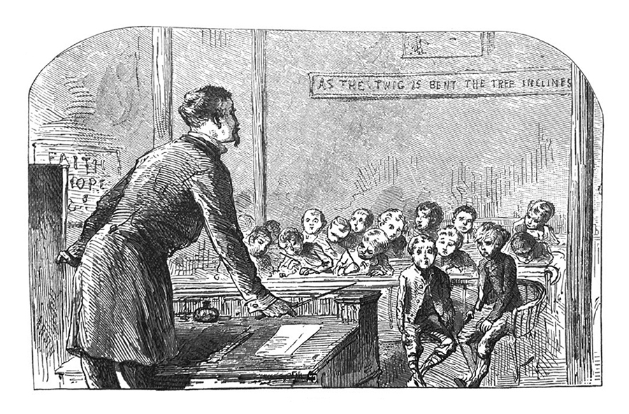 Antique illustration of teacher and children in a classroom