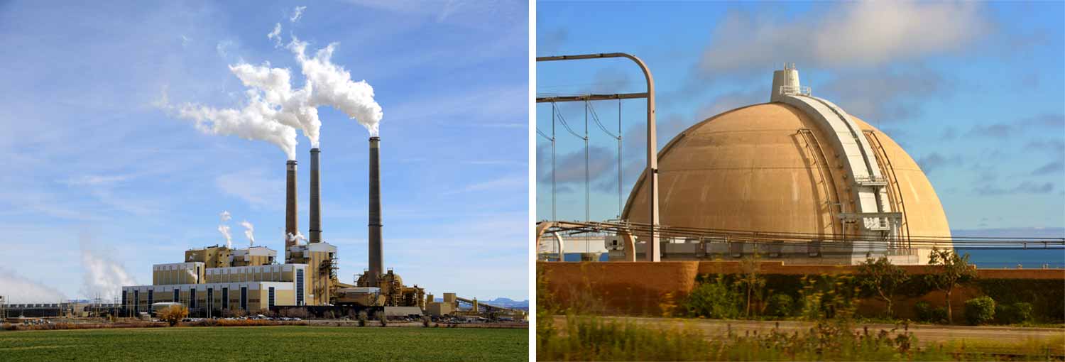 Image: a coal plant, at left, and a nuclear power plant, at right