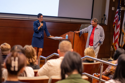Rady School dean Lisa Ordóñez (left) with Weitzman. 