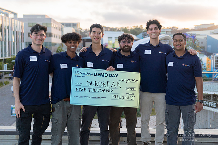 The SunBreak team enjoying their first place win, featuring (left to right) Owain Williams, Bato Euol, Sam Andre, Spencer Dunn, Kai Patel and Ajay Sundaram. 