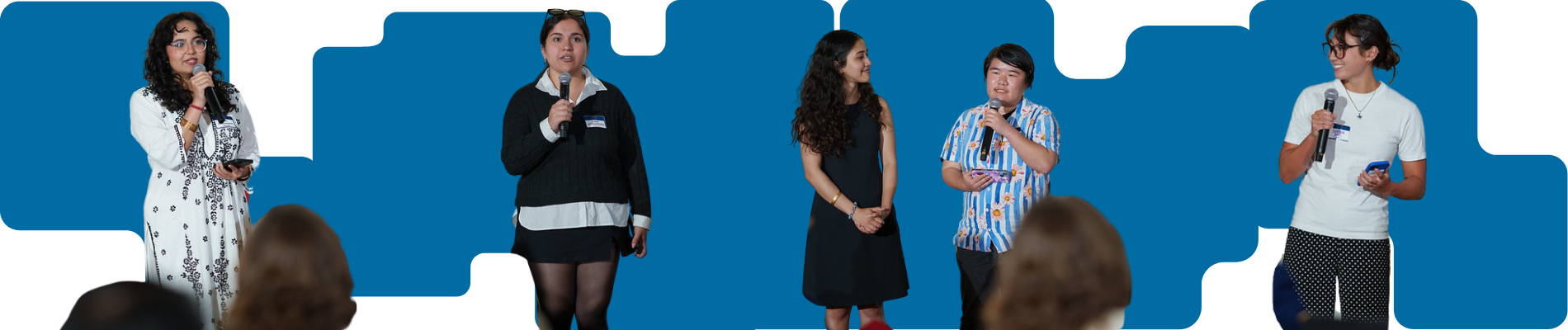 Cut out photos of people speaking with microphones in front of blue graphics