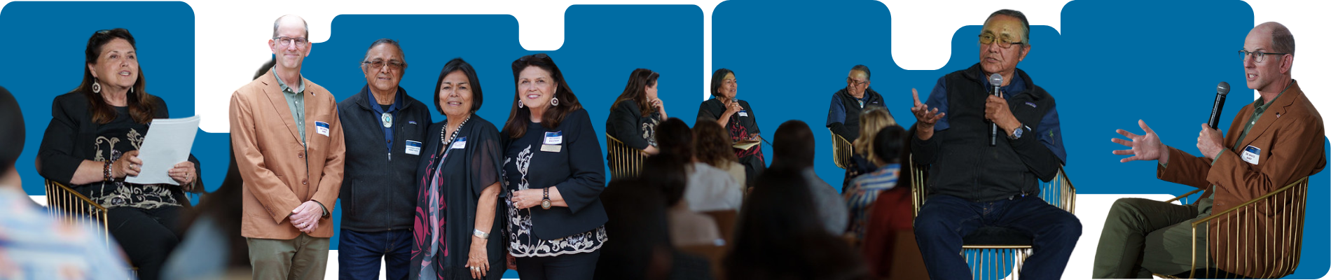 Cut out photos of people speaking on a panel in front of blue graphics