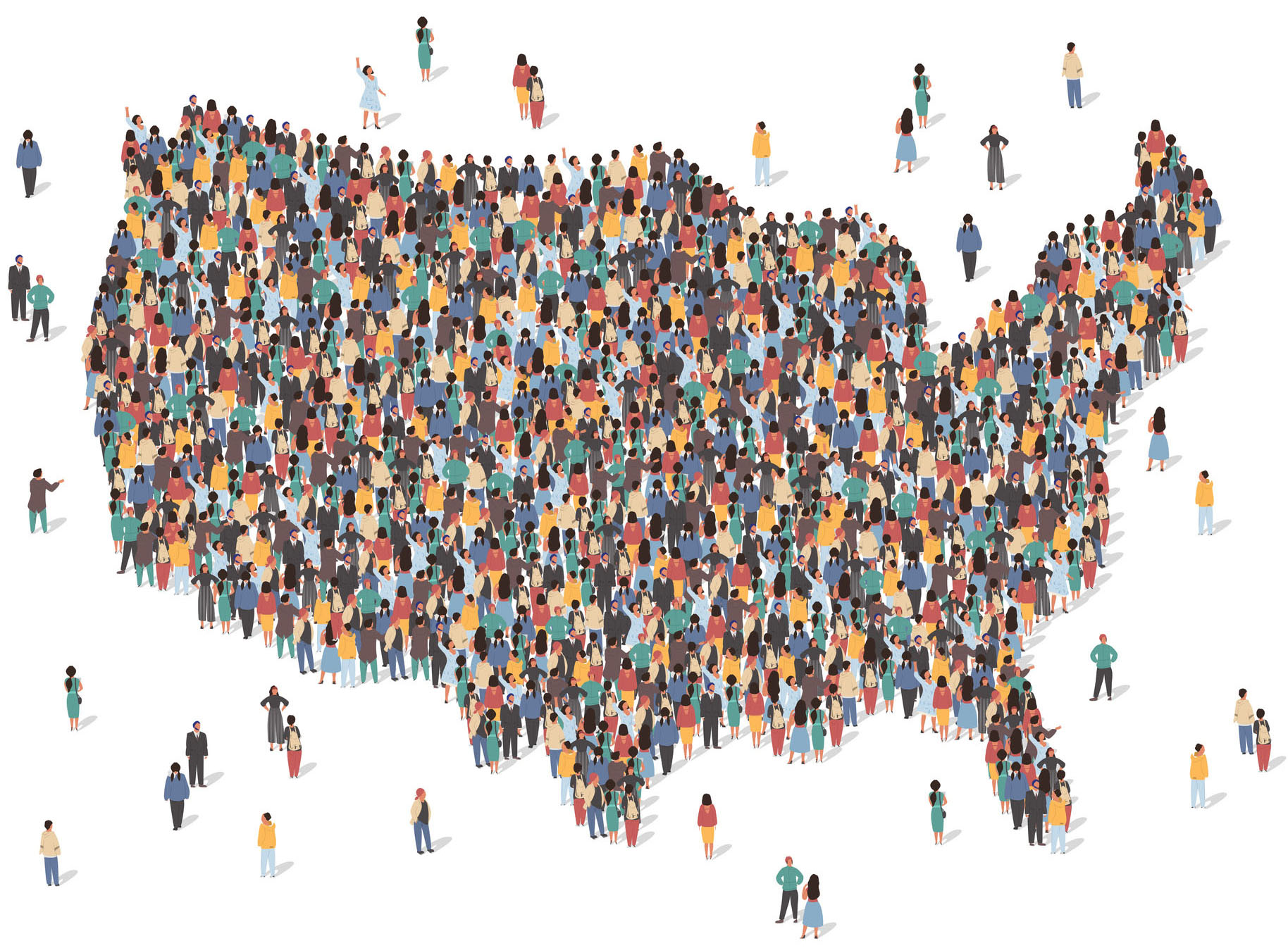 Illustration - a conceptual map of U.S. made of diverse people