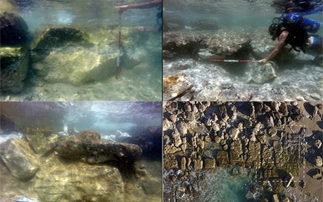 Four underwater images of archaeological sites in Dor, Israel, surveyed to establish relative sea level. Pictured are the bases terrestrial massive fortification walls and the floor level of passage in an Assyrian sea gate.