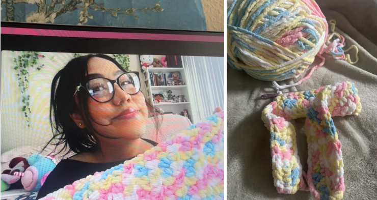 Dulce Chavez Medrano holds up a blanket she crocheted