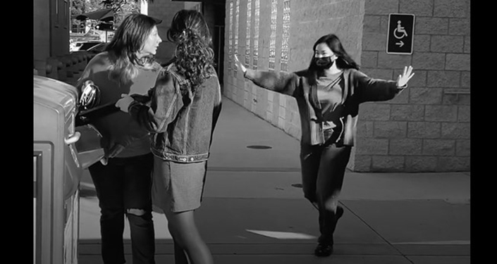 As part of their work towards a more sustainable move out, the EcoNauts created a black-and-white silent movie on how to dispose of electronics. Credit: UC San Diego HDH Sustainability