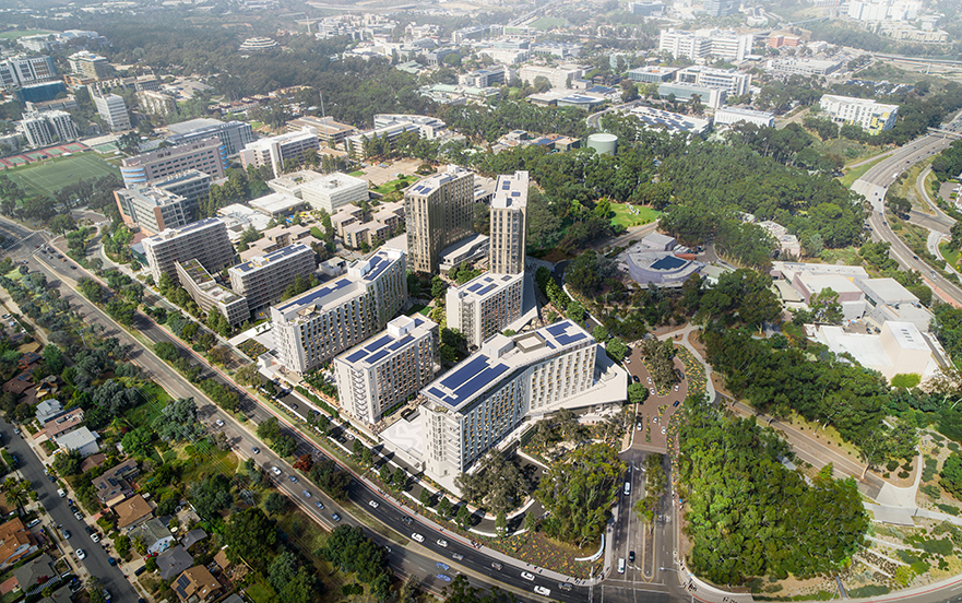 An aerial rendering of Eighth College
