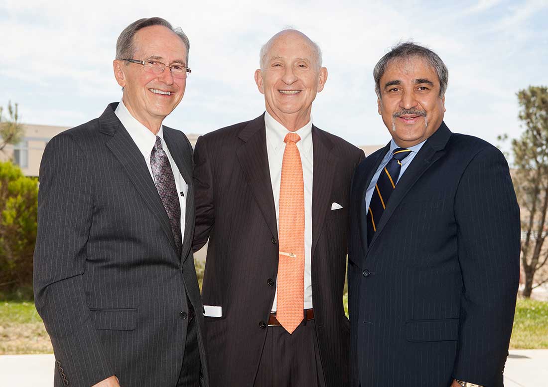 Photo: From left to right: Dean Sullivan, Ernest Rady and UC San Diego Chancellor Khosla