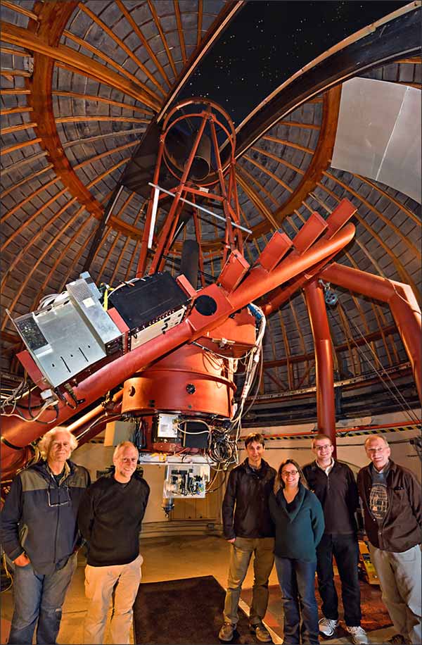 Photo: The NIROSETI team with their new infrared detector inside the dome at Lick Observatory