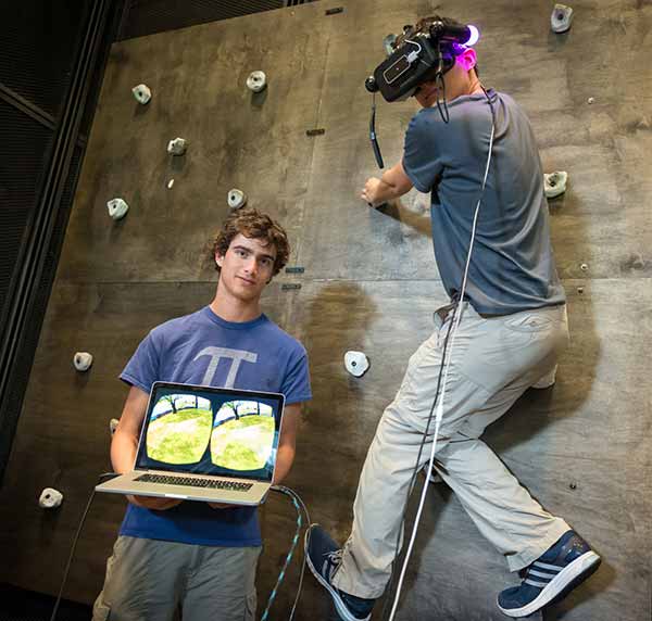 Image: Qualcomm Institute develop a mini-climbing wall paired with Oculus Rift head-mounted VR display.