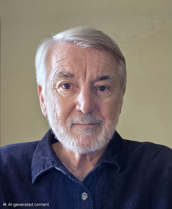 Headshot generated with AI of man with white hair and beard with tan background