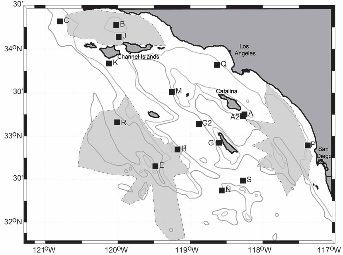 Image: Locations of the 16 High-frequency Acoustic Recording Package (HARP) deployment sites in the Southern California Bight.