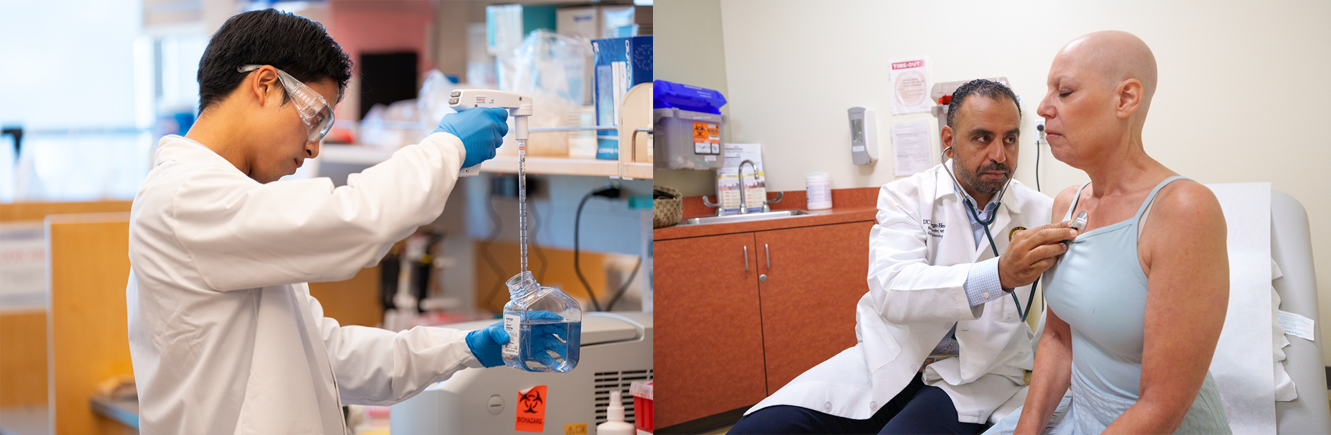 Students prepares tissue samples (left). Doctor examines patient (right).