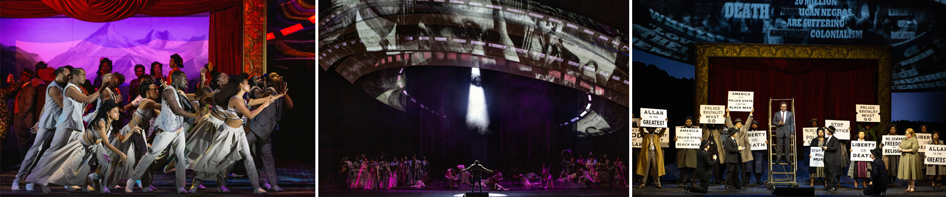 Collage of images from Met Opera including dancers, a large spaceship and civil rights advocates.