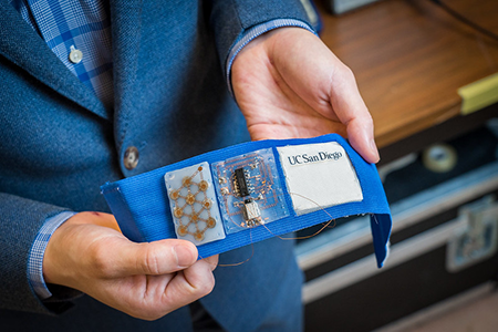 Researcher holding wearable patch that can cool or heat skin