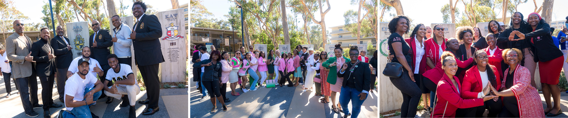 Collage of three images with three sorority and fraternity chapters posing in front of their pillar
