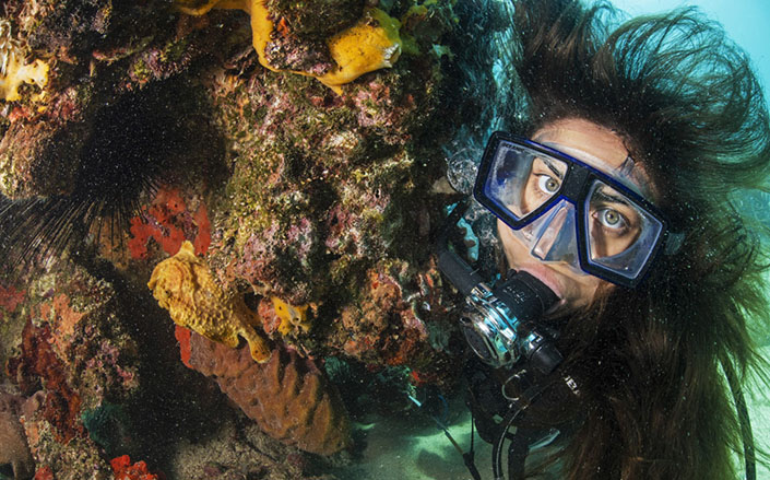 A diver underwater near a reef.