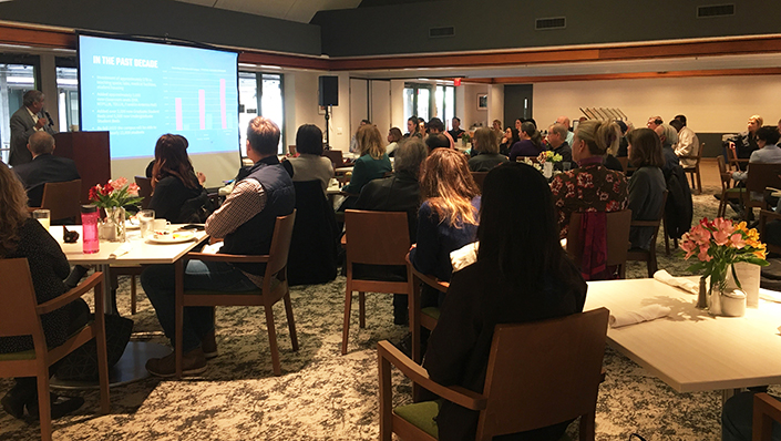 Chancellor Khosla shared updates with a packed house at the Ida and Cecil Green Faculty Club