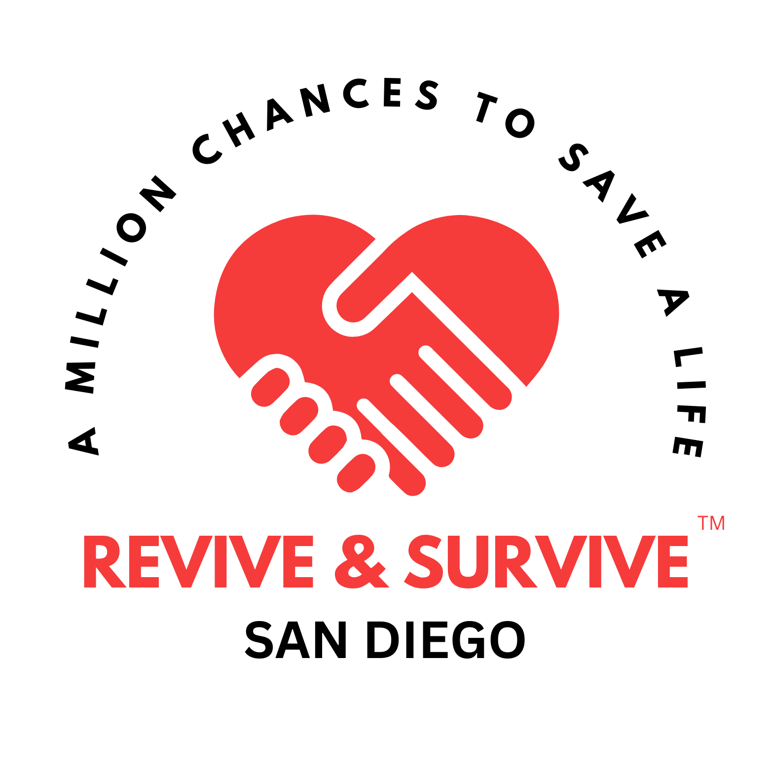 Revive & Survive San Diego logo with two red hands and text 