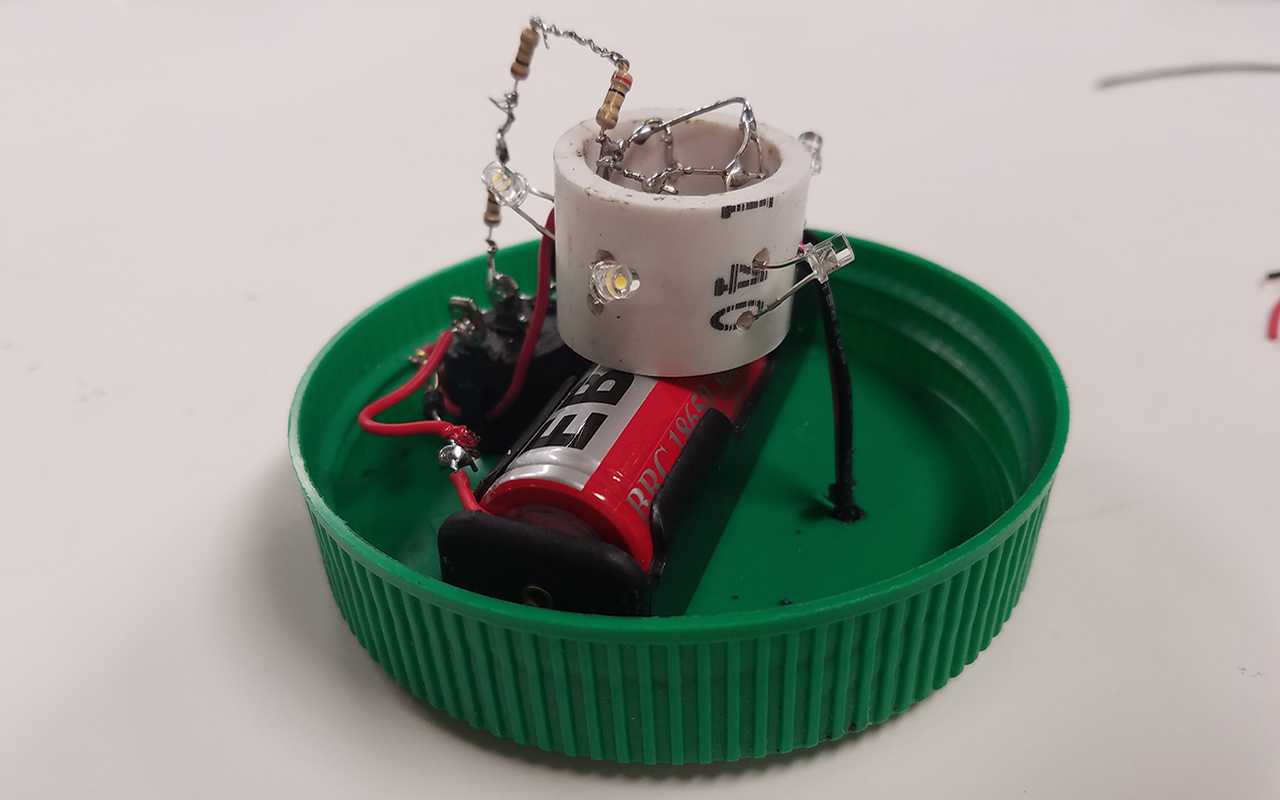 The circuitry of the solar lantern with its plastic encasing removed.