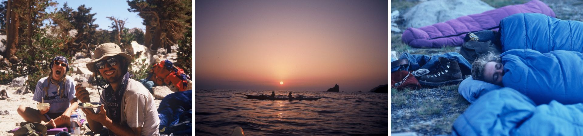 A series of three images, the left showing two people smiling at the camera while holding food, the center showing kayakers on the water at sunset, and the right showing people snuggled up in sleeping bags on the ground.