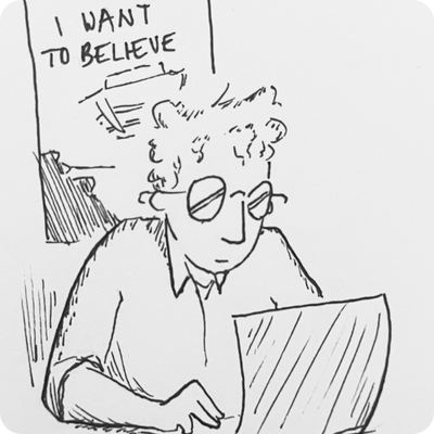 Pencil self-sketch of Theo Erickson sitting working on a laptop with a poster in the background with the words 