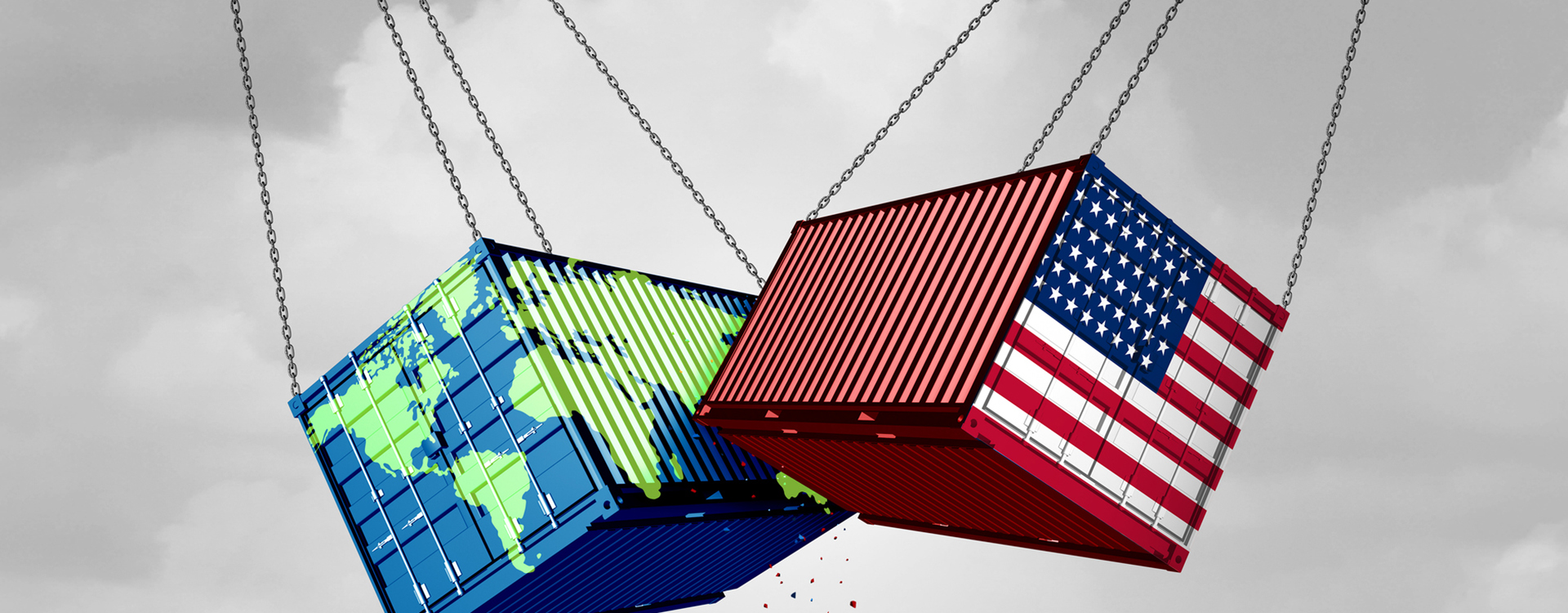 Conceptual image of trade war: Two cargo containers collide middair, one with US flag and the other with picture of the globe