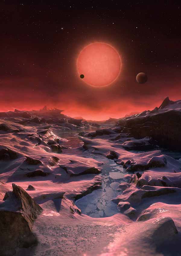 Image: Artist’s impression of the system as seen from the surface of the outer planet