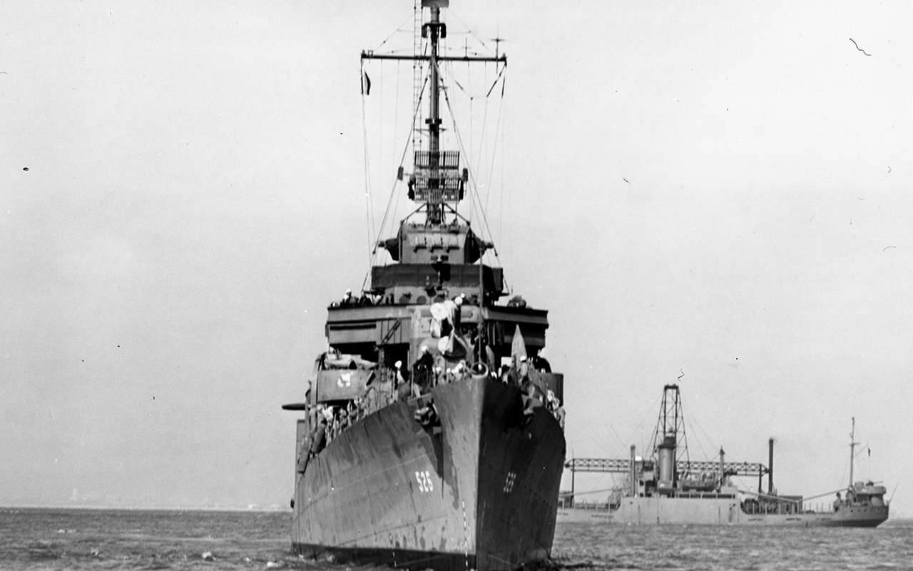 Photo of USS Abner Read taken in 1943 prior to sinking of its stern section in the Aleutian islands