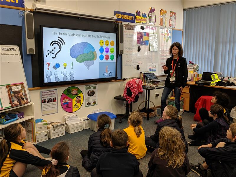 Female teacher in classroom with children sitting down teaching