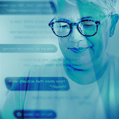 Image of woman overlaid with messaging screen