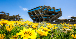 Geisel Library with flowers.