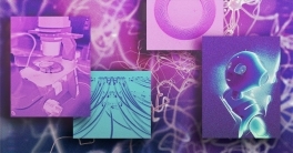 Collage of stylized technology imagery in pinks and blues.